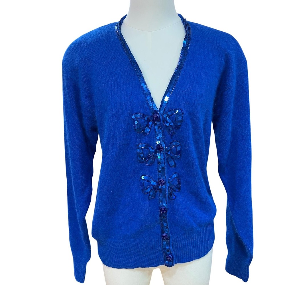 Vintage Karen Scott Angora Cardigan Sequin Bow Cobalt Y2K Coquette M